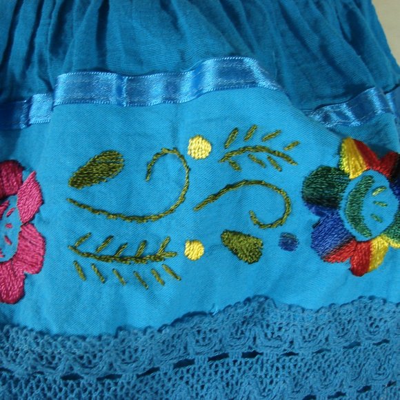 Bright Turquoise Aqua  Mexican Floral Embroidered Dress Off Shoulder Summer - Picture 10 of 12